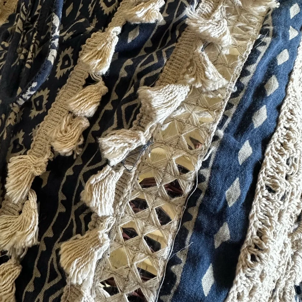 Blue Boho Chic Block Mix Match Print Tiered Mini Dress, Ties and Tassels/AU12 - Picture 2 of 7